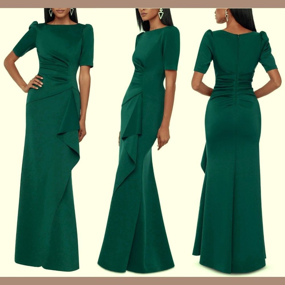 Xscape Pine Green Ruched Scuba Ruffle Gown - Picture 1 of 1